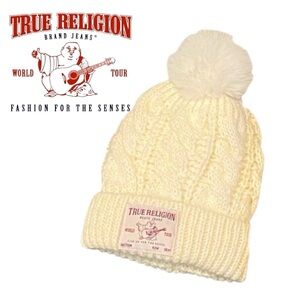 New True Religion Cream Knit Beanie